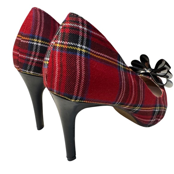 Betsey Johnson Heel 9 Christmas Red Plaid Bow Stiletto Pointed Toe Pumps Holiday - Picture 8 of 10